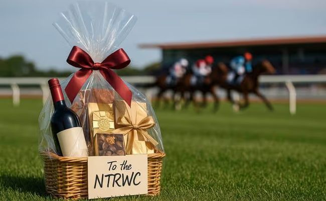 A photo-realistic gift hamper labeled “To the NTRWC” sitting on grass in front of a blurred horse racetrack with jockeys racing in the background.