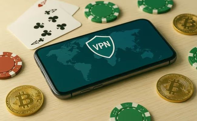 Photo of a smartphone showing a VPN connection surrounded by casino chips, cards, and Bitcoin coins, symbolising global access and secure play at no KYC casinos.