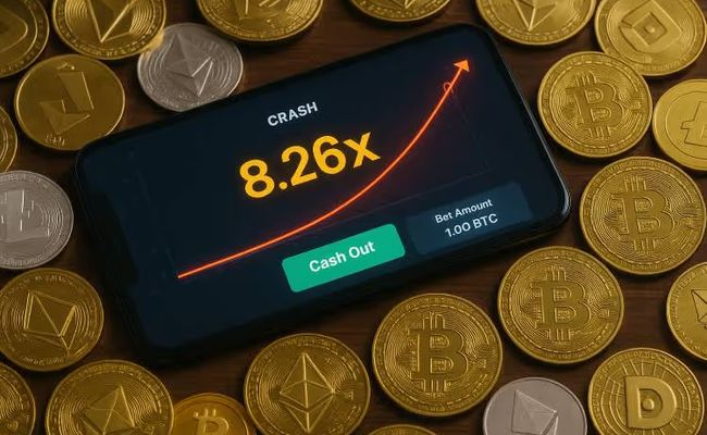 Smartphone showing a casino crash game surrounded by cryptocurrency coins