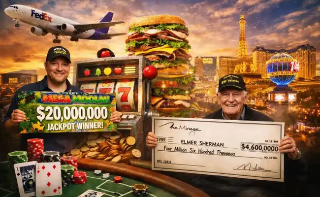 Photo realistic collage featuring a vintage slot machine, Mega Moolah jackpot winner, WWII veteran holding a cheque, Las Vegas Strip skyline, poker table, sandwich, London taxi casino, and FedEx plane, illustrating interesting gambling facts.