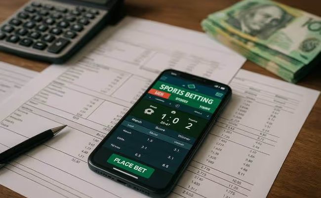 Financial papers, Australian cash, and a smartphone with a betting app displayed, illustrating the money trail central to the landmark case against betting agencies in Australia.