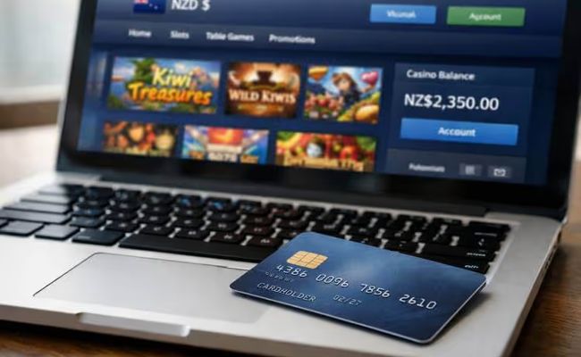 Credit card resting on a laptop showing a New Zealand online casino interface, illustrating the upcoming ban on credit card gambling deposits