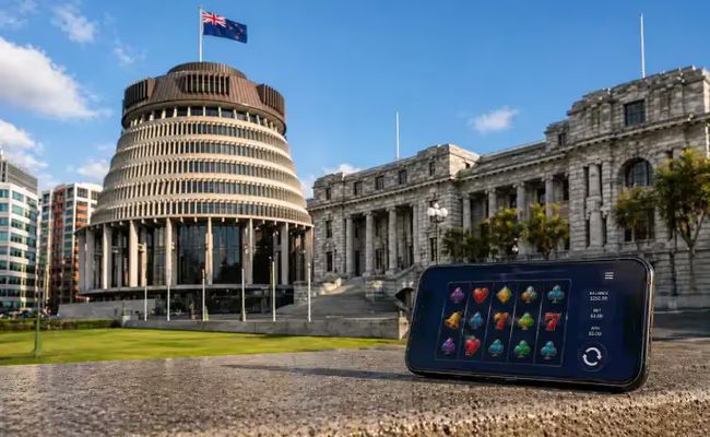 Mobile phone showing online casino game in front of New Zealand Parliament Beehive building representing new online gambling law