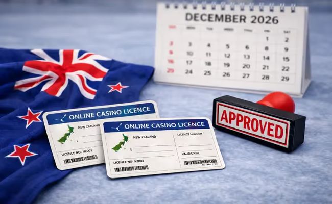 New Zealand online casino licence cards with approval stamp and December 2026 calendar.