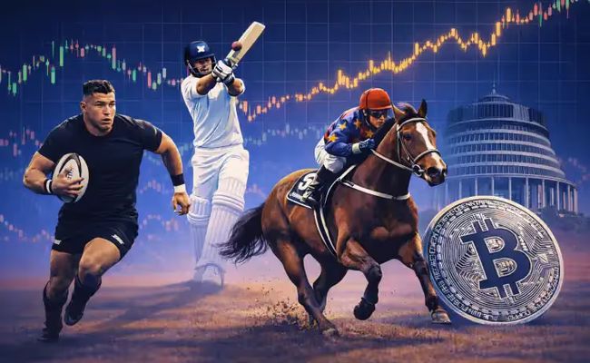 Person holding a smartphone showing prediction market questions about OCR, New Zealand election, and World Cup, with rugby, cricket, horse racing and ballot box in background.