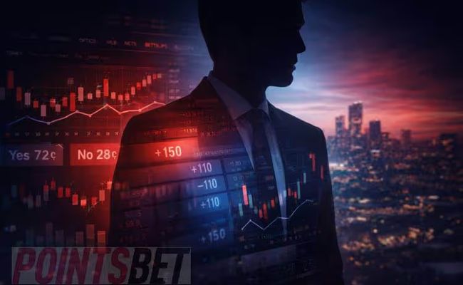 Silhouette of a businessman against a city skyline with sports betting charts and odds overlaid, symbolising leadership change and market direction at a major sportsbook operator.