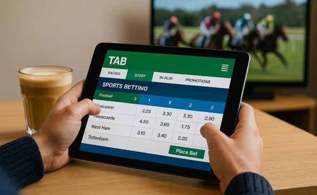 Tabcorp’s TAB online betting platform shown on a tablet, symbolising the company’s strong digital presence as shareholders back CEO Gillon McLachlan’s pay plan.
