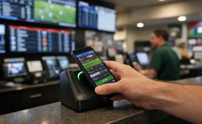 Customer using smartphone to place in-play sports bet at licensed Australian venue terminal