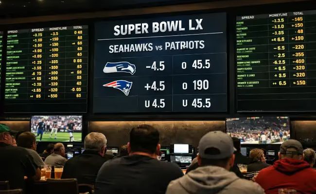 Sportsbook betting boards displaying Super Bowl betting odds with bettors viewing the screens.