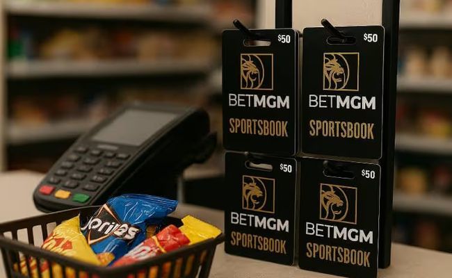 A realistic photo of a retail checkout counter with a POS terminal, a full shopping basket of snacks, and four BetMGM Sportsbook gift cards hanging on hooks behind the register.