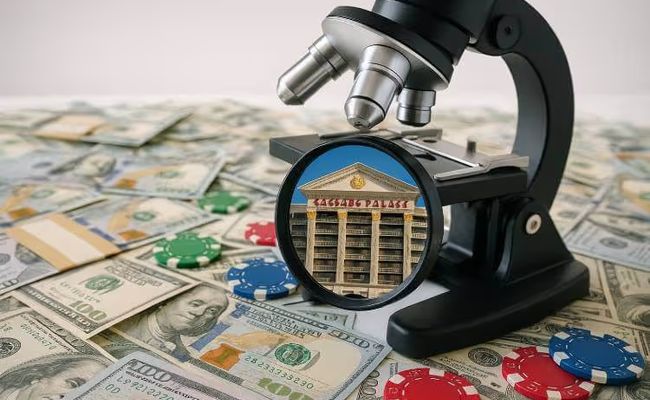 Image of a microscope inspecting Caesars Palace with cash and casino chips spread across a white desk, symbolizing an AML investigation.