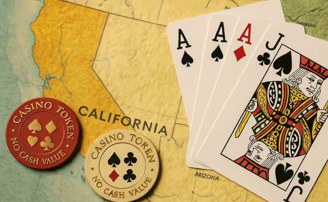 An image showing a California map with two casino chips and a hand of playing cards (two Aces and a Jack), capturing the essence of California's cardroom legal battle.