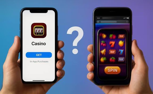 Casino app download screen contrasted with instant play casino game running in a mobile browser.