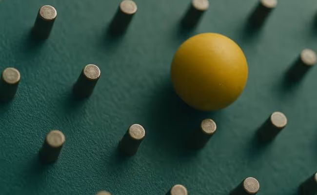 Close-up of a yellow ball bouncing among metal pegs on a teal Plinko board, captured mid-motion with shallow depth of field.