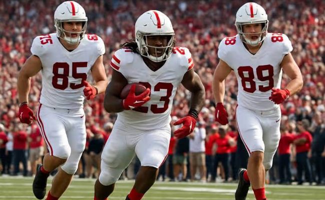 Three college football players in white and red uniforms sprint down the field during a daytime game, with a packed student crowd in the background.