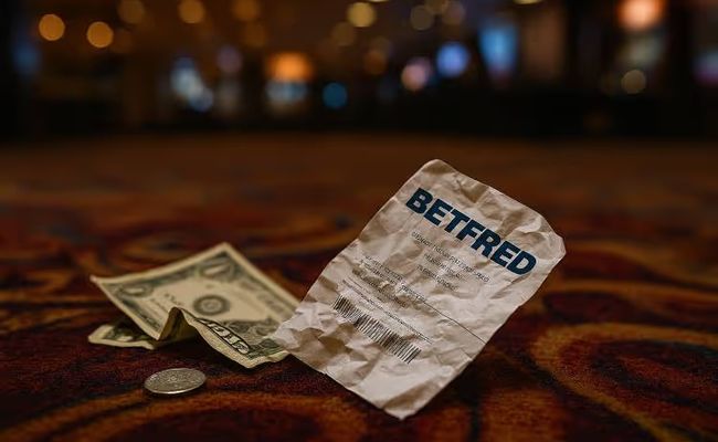 A crumpled Betfred sportsbook betting slip lies naturally on a casino floor, surrounded by a few scattered U.S. dollar bills and a quarter.
