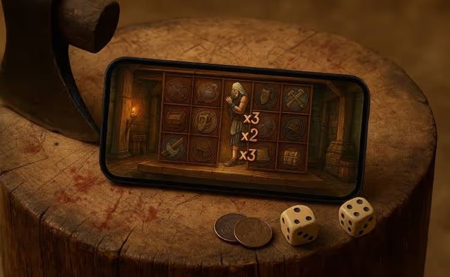 Smartphone with Nolimit City’s Dead Men Walking slot game on a wooden chopping block with dice, coins, and faint blood stains.