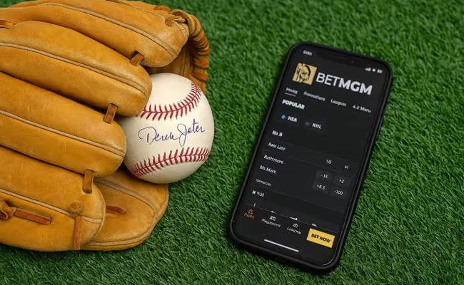 A realistic photo of a worn tan leather baseball glove holding a signed Derek Jeter baseball, placed beside a smartphone displaying the BetMGM sportsbook app on green turf.