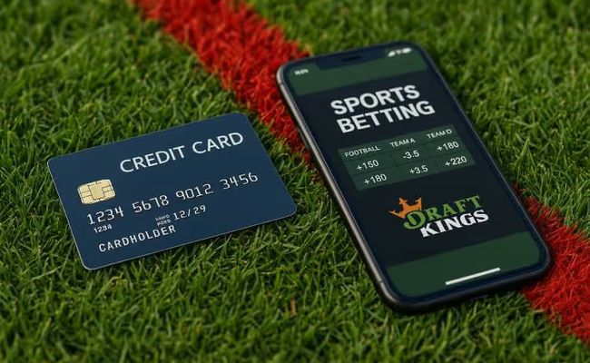 A realistic image of a credit card and smartphone with the DraftKings app on grass near a red sports line, symbolizing a regulatory breach.