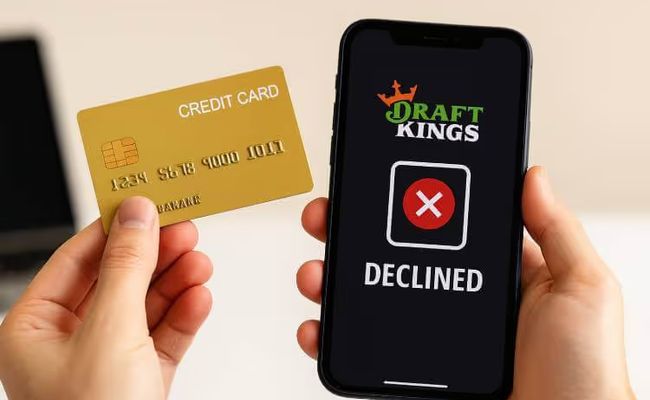 A person holding a credit card in front of a smartphone showing the DraftKings app with a red declined payment symbol.