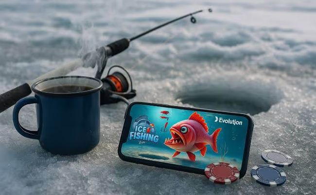 An ice fishing scene featuring a mobile phone showing Evolution Gaming’s Ice Fishing Live game, with casino chips.