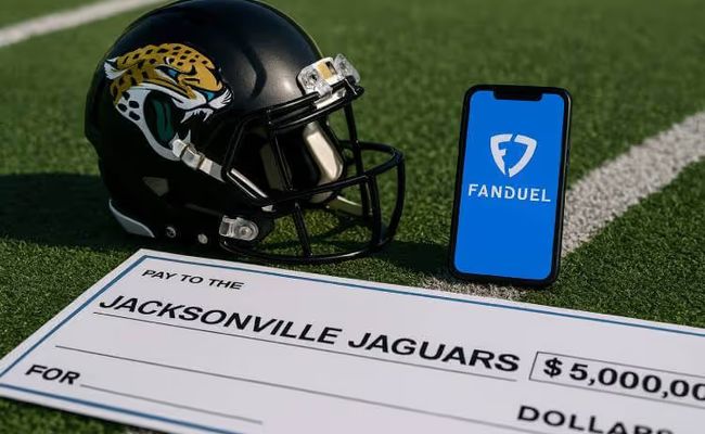 Jacksonville Jaguars football helmet on field with smartphone showing FanDuel app and a check for $5,000,000,