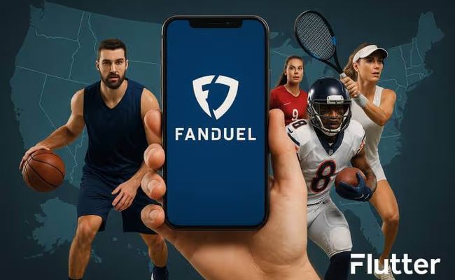 An image illustrating Flutter Entertainment’s Q2 2025 success, featuring a smartphone with the FanDuel app, surrounded by athletes from football, baseball, basketball, and tennis. The U.S. map in the background highlights Flutter’s strong performance in U.S. sports betting and online casino games.