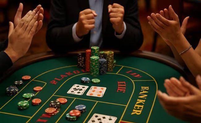 A photograph of a baccarat table in a casino with visible chips, cards, and several hands clapping or fist-pumping in celebration around a winning moment.