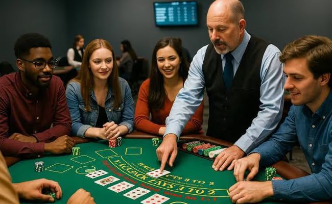 Trainees practice blackjack at a Casino dealer school, with an instructor demonstrating card dealing and chip handling.