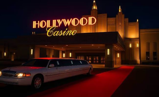 Night view of Hollywood Casino Joliet entrance with art deco lighting, red carpet, and a limousine.