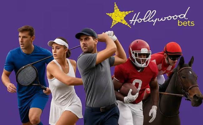Realistic digital composite of five athletes—footballer, tennis player, golfer, American football player, and jockey on horseback, set against a purple background, inspired by a Hollywoodbets promotional theme