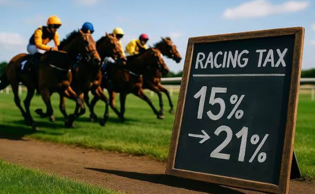 Close-up of a UK horse race with betting odds board showing new 21% tax rate proposal.