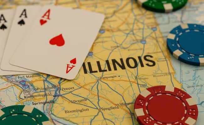 A realistic close-up photograph of poker chips and playing cards placed over a detailed map of Illinois.