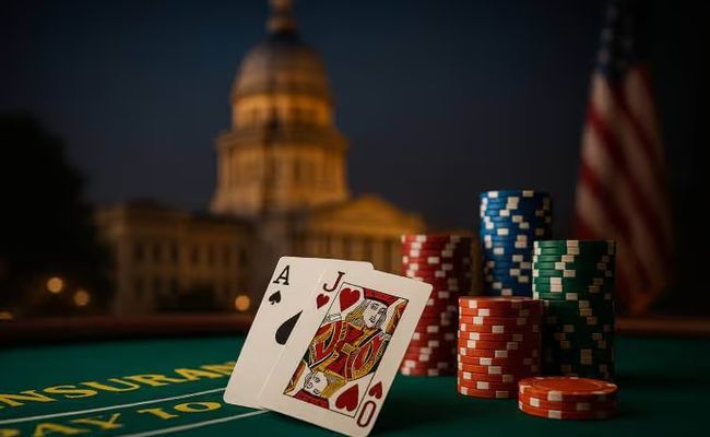 Blackjack table with cards and casino chips in focus, and the Illinois State Capitol dome softly blurred in the background, symbolizing the link between governance and gambling.