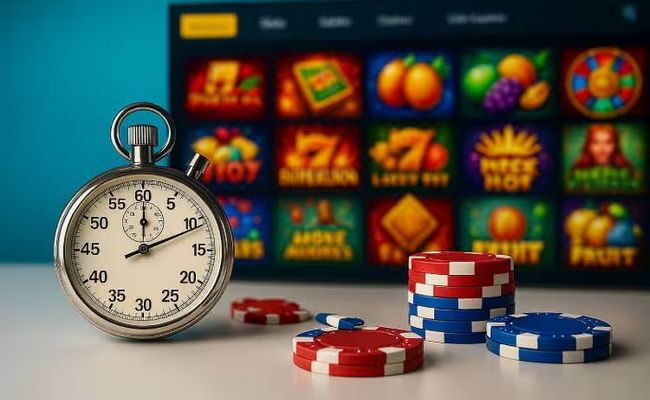 A stopwatch and stacked casino chips in front of a colorful online casino lobby, symbolizing instant play casino no deposit bonus speed and convenience.