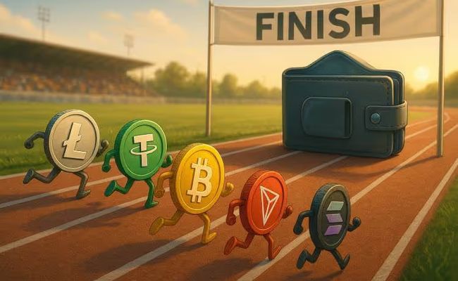 A photo-realistic illustration of Litecoin, Tether, Bitcoin, Tron, and Solana coins racing on a track toward a digital wallet at the finish line, symbolizing instant withdrawal crypto casinos.