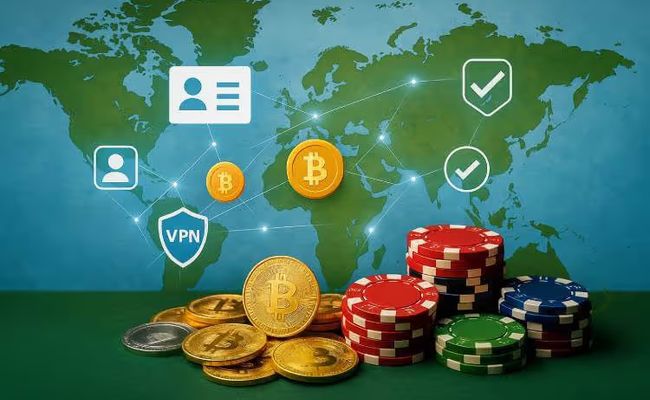 An image showing a world map with VPN shield icons and network lines symbolizing secure global connections. In the foreground, colorful casino chips and cryptocurrency coins represent the link between KYC casino trends, anonymous gambling, and crypto payments.