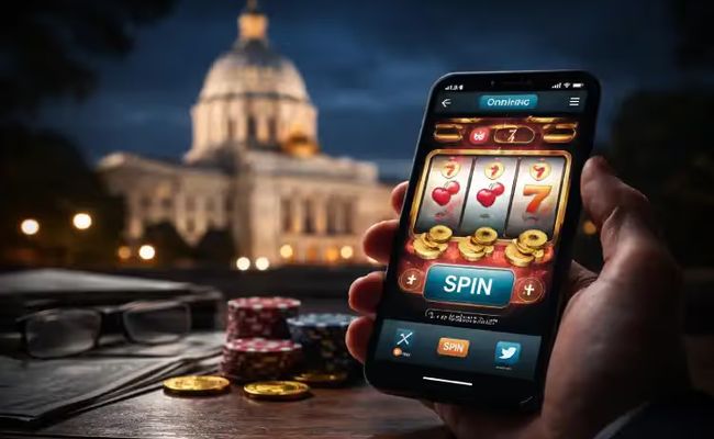 A smartphone showing an online casino game with the Minnesota State Capitol in the background, representing proposed sweepstakes casino regulation.