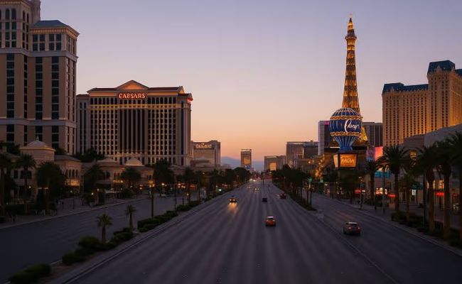 Las Vegas Strip at dusk with fewer tourists and dimmed lights symbolising Nevada’s gaming slowdown.