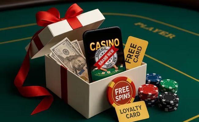 A casino table with casino chips, crisp dollar bills, a loyalty card, and free spins icons, with a smartphone inside representing new casino bonuses in 2025.