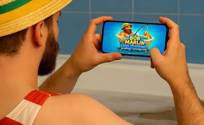 Man in a bathtub wearing a yellow hat with green band and striped costume, playing Yggdrasil's Bob Marlin Goes Splashing.
