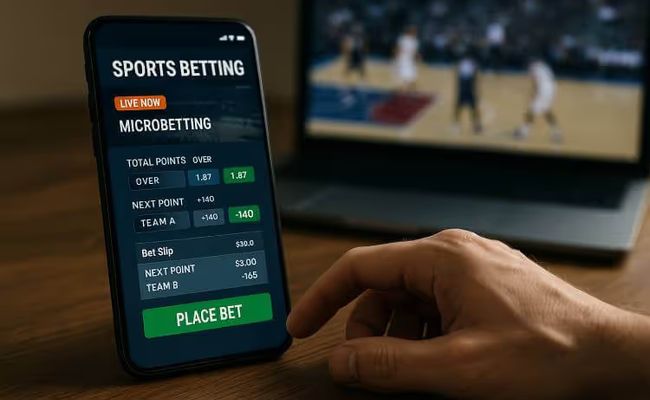 A close-up of a smartphone displaying microbetting options on a sports betting app, with a hand hesitating over the “Place Bet” button and a blurred basketball game on a TV in the background