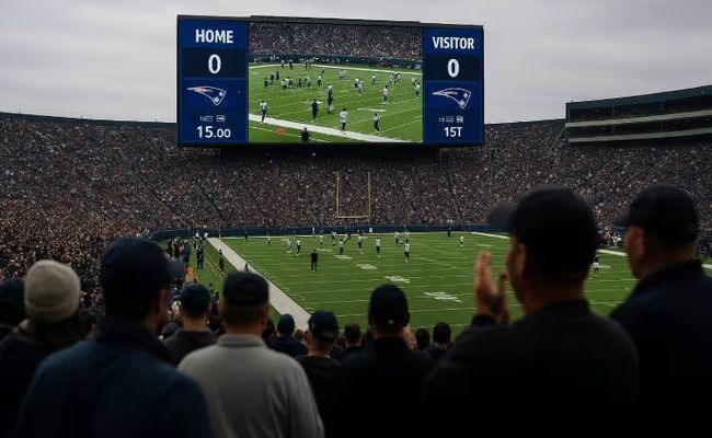 A packed NFL stadium with fans in the foreground watching a large scoreboard display pregame warmups on the field.