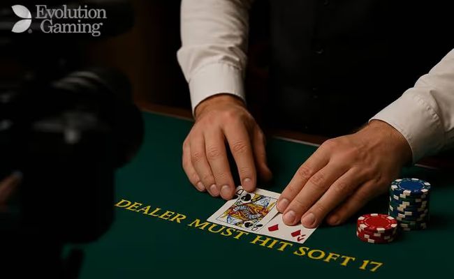 Blackjack table at a live dealer studio in Atlantic City, showing cards and chips, reflecting Evolution Gaming’s $12K fine in New Jersey for dealer errors.