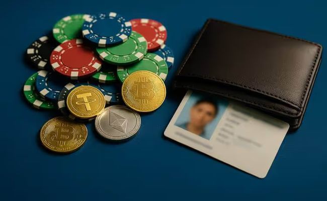 Casino chips and cryptocurrency coins scattered on a blue table beside a closed wallet hiding an ID card, symbolizing a no KYC casino no deposit bonus.