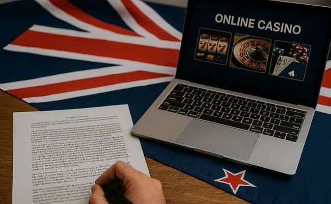 A New Zealand flag draped over a wooden desk with a printed government document, a hand holding a pen, and a laptop displaying an online casino.