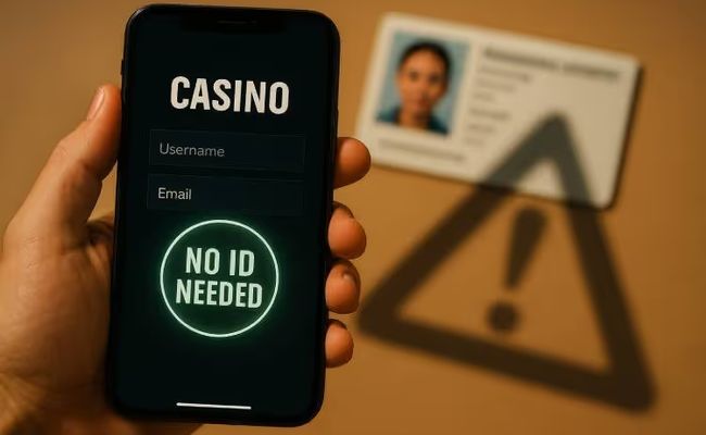 An image of a smartphone showing a casino login screen with a glowing “No ID Needed” badge, while a blurred ID card and warning triangle appear in the background, symbolizing the possible risks of no KYC casinos.