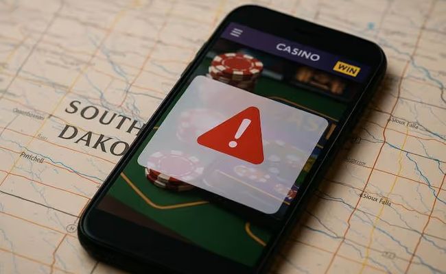A smartphone displaying an online casino warning screen, lying on a printed map of South Dakota.