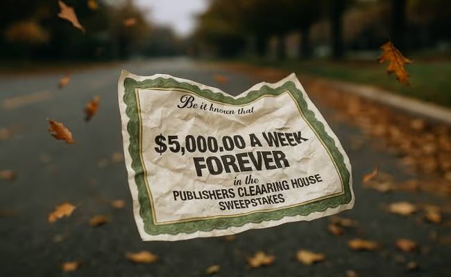 Crumpled Publishers Clearing House $5,000 a week forever prize certificate caught mid-air in a gust of wind with autumn leaves swirling on a suburban street