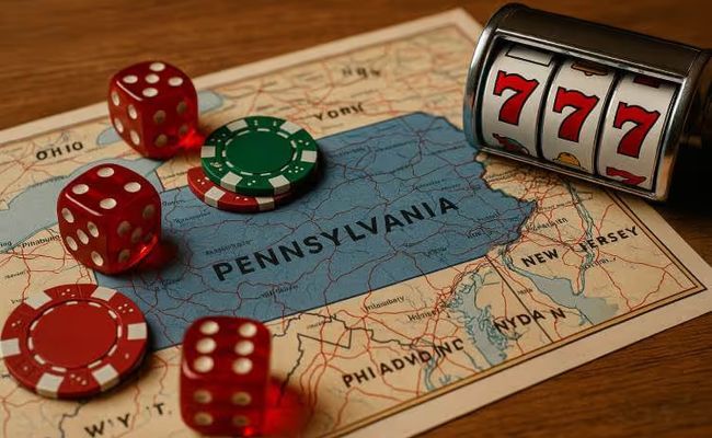 A realistic landscape image showing a map of Pennsylvania with casino dice and a slot game.